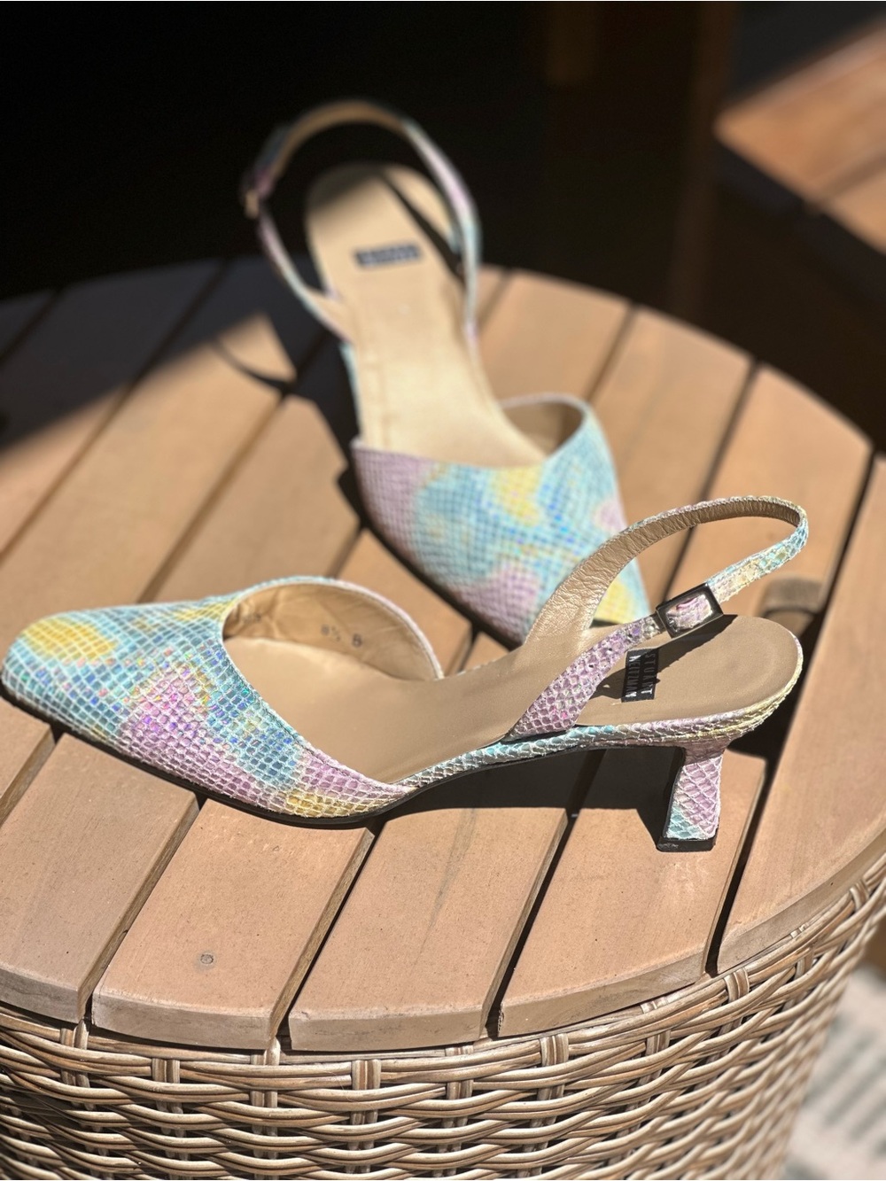 Stuart Weitzman 90s vintage reptile Pastel Multi-Color Slingback Kitten Heels